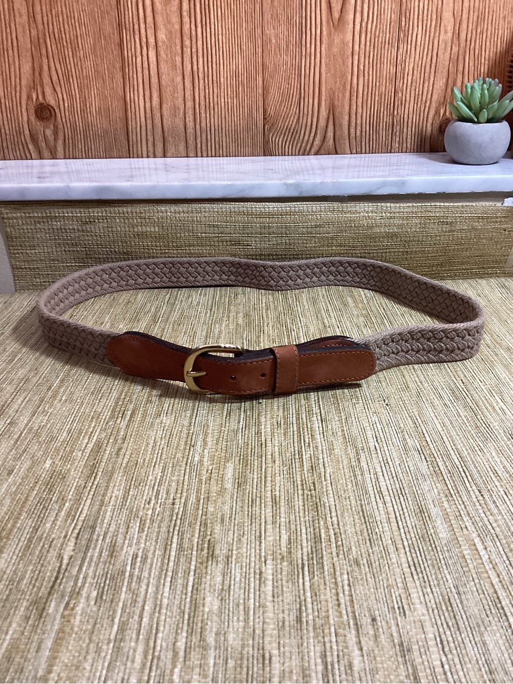 New Zep-Pro Braided Beige  Belt with Brown Leather Accents Size 38